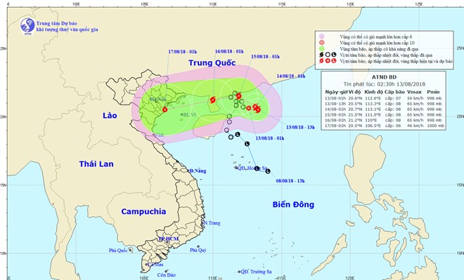 Áp thấp nhiệt đới khả năng mạnh lên thành bão, Bắc Bộ có mưa từ 14-8 Vị trí và đường đi của bão. (Nguồn: nchmf.gov.vn)