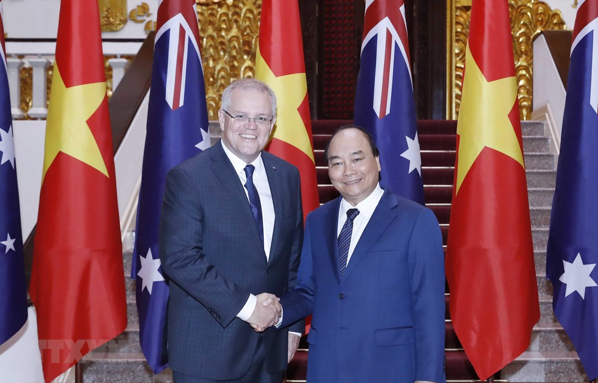 Thủ tướng Australia kết thúc chuyến thăm chính thức Việt Nam Thủ tướng Nguyễn Xuân Phúc và Thủ tướng Australia Scott Morrison tại Trụ sở Chính phủ. (Ảnh: Thống Nhất/TTXVN)