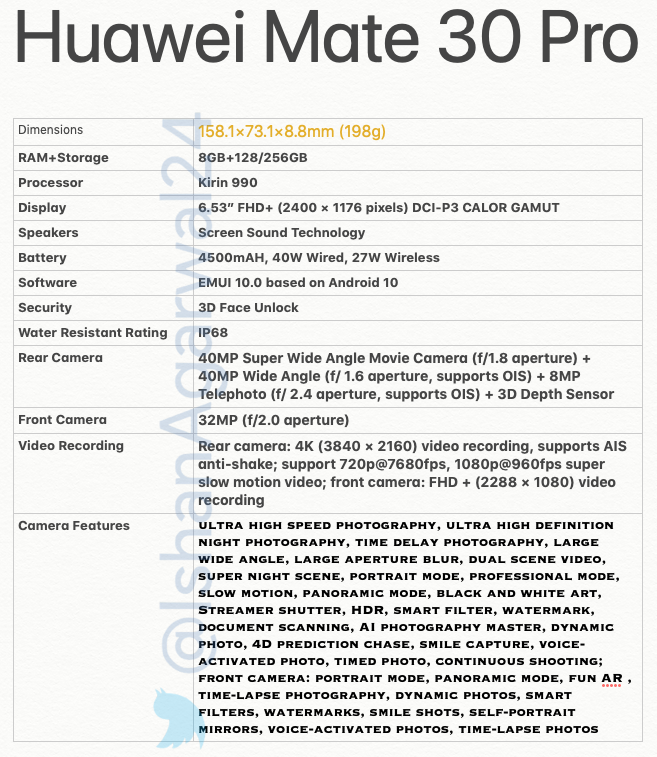 Mate 30, Mate 30 Pro lộ cấu hình trước giờ G, không có ứng dụng Google