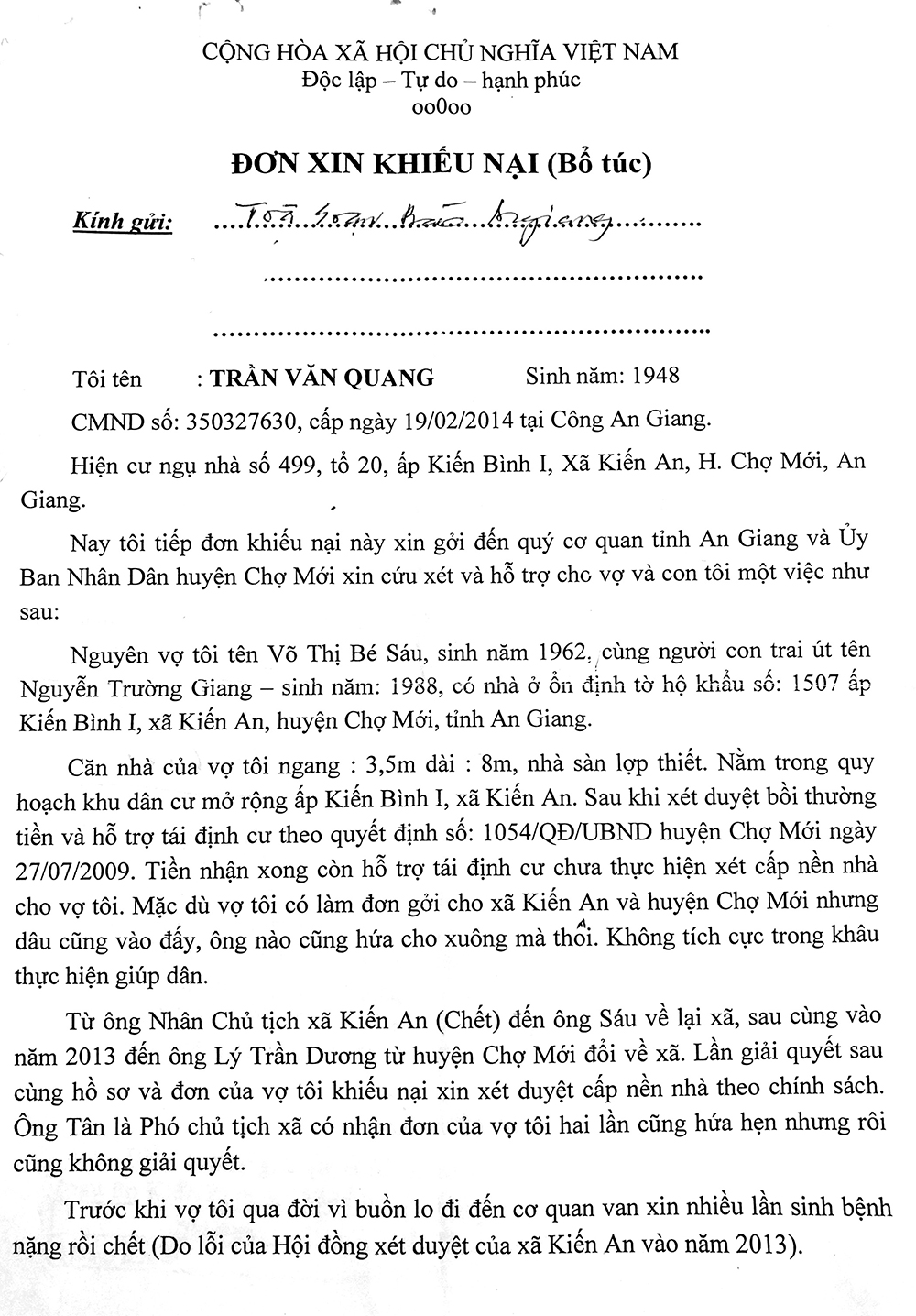 Sẽ đối thoại, giải quyết vụ việc của ông Trần Văn Quang Sẽ đối thoại, giải quyết vụ việc của ông Trần Văn Quang