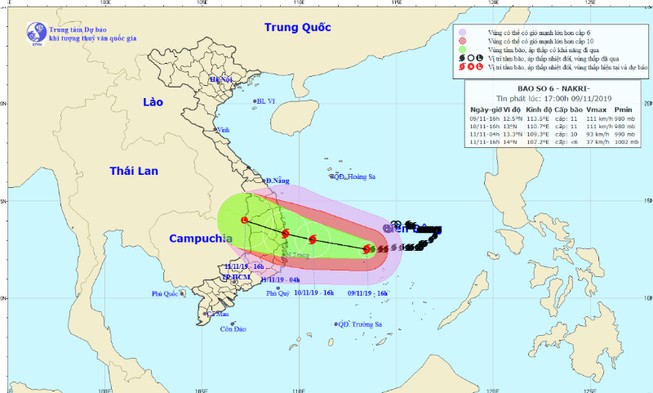Bão số 6 giật cấp 14 cách bờ biển Quảng Ngãi - Khánh Hòa 450km