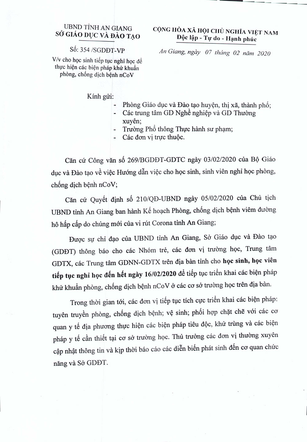 Học sinh, học viên An Giang được nghỉ học đến ngày 16-2, để phòng tránh dịch viêm đường hô hấp cấp do chủng mới của virus Corona gây ra