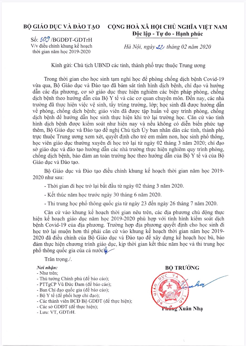 Điều chỉnh khung kế hoạch thời gian năm học 2019-2020