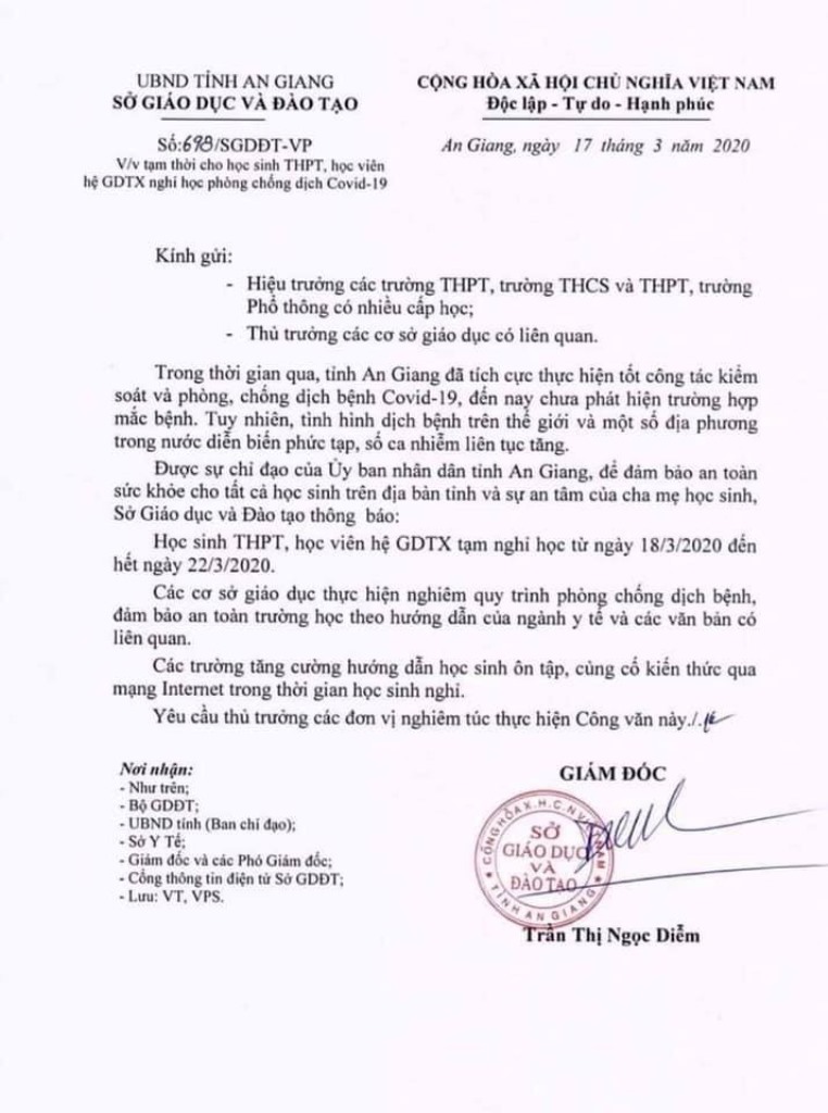 An Giang cho học sinh THPT, học viên hệ Giáo dục thường xuyên, Giáo dục nghề nghiệp tiếp tục nghỉ học, từ ngày 18-3 đến hết 22-3