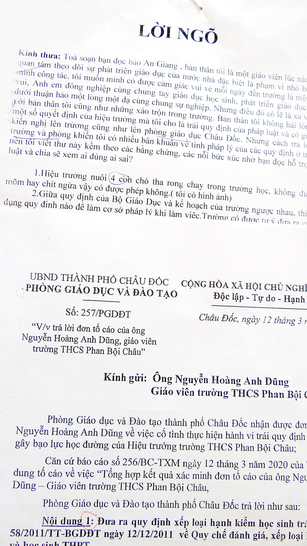 Trả lời tố cáo liên quan đến Trường THCS Phan Bội Châu