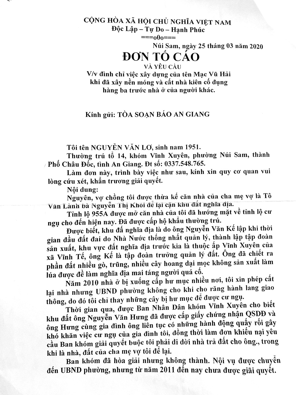 Trả lời phản ánh của ông Nguyễn Văn Lơ
