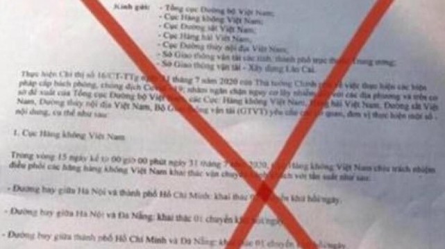 Văn bản 'dừng các đường bay nội địa từ 0 giờ ngày 31-7' là giả mạo
