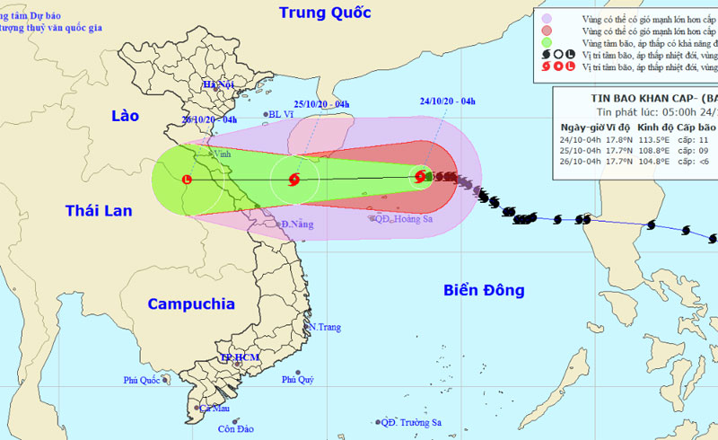 Vùng biển Quảng Trị đến Thừa Thiên Huế có gió giật cấp 9 từ tối 24-10