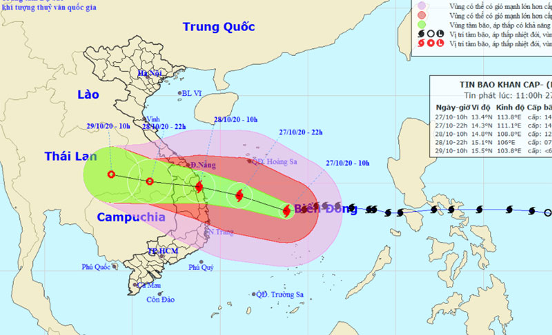 Sáng 28-10, bão giật cấp 15 vào Đà Nẵng đến Phú Yên