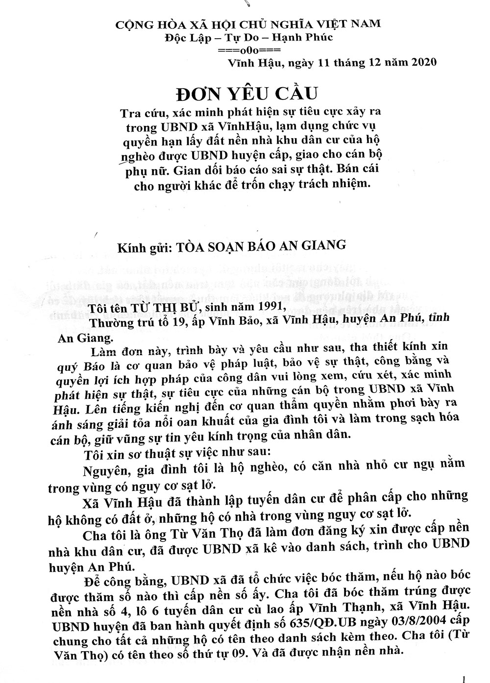 Trả lời đơn của bà Từ Thị Bử