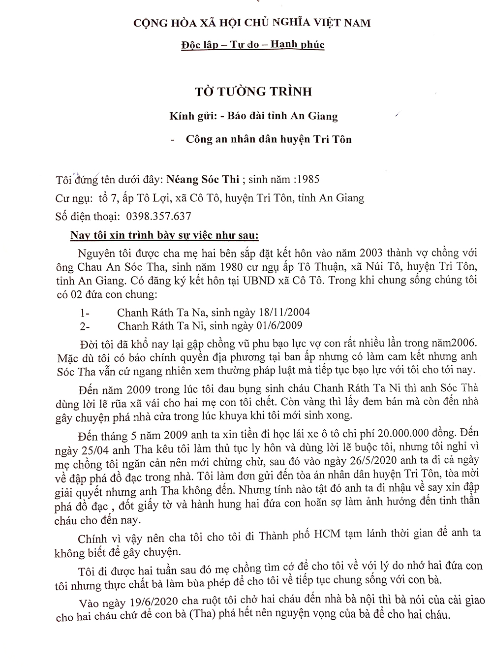 Tố cáo chồng cũ hành hung