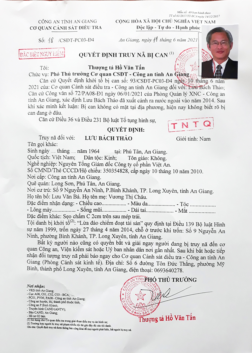 Truy nã đặc biệt nguy hiểm đối với bị can Lưu Bách Thảo, nguyên Tổng Giám đốc Công ty Cổ phần Việt An