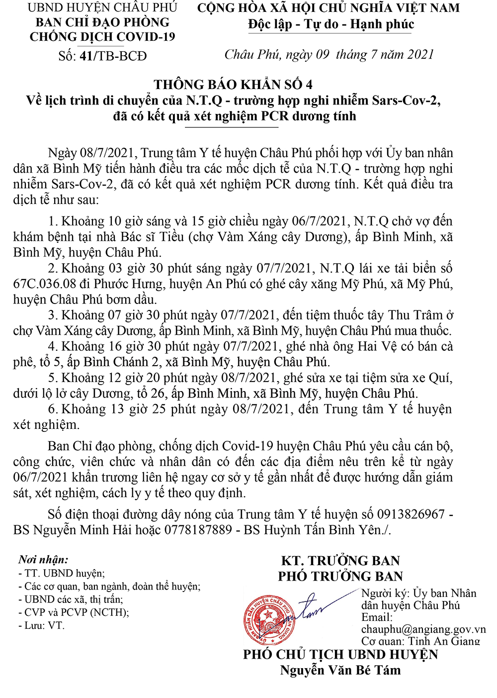 Lịch trình di chuyển của trường hợp có kết quả xét nghiệm PCR dương tính với SARS-CoV-2 tại huyện Châu Phú
