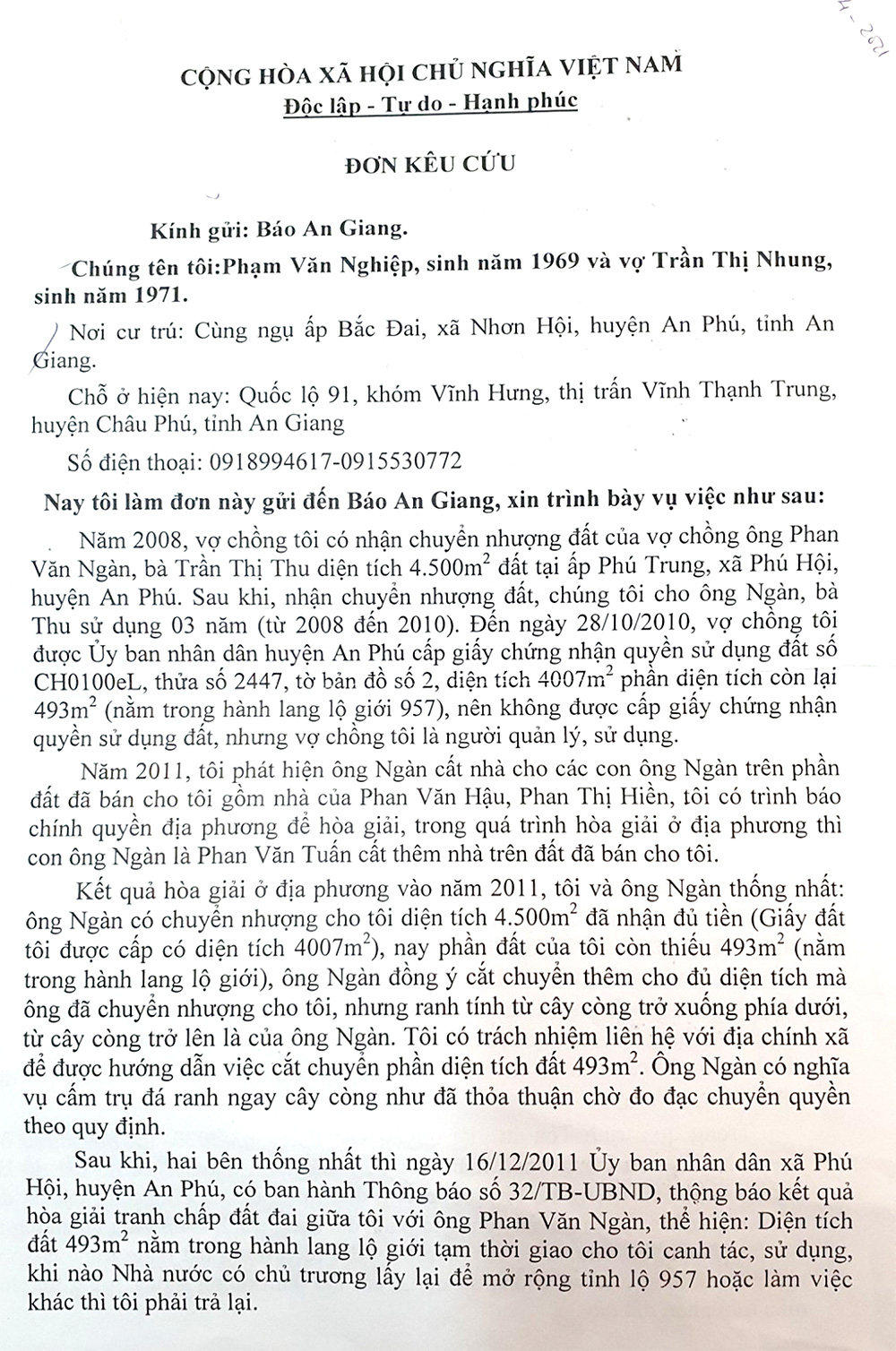 Trả lời phản ánh của ông Phạm Văn Nghiệp