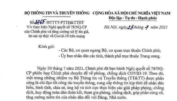 Bộ Thông tin Truyền thông ban hành công văn xử lý tin giả về COVID-19