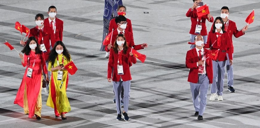 Hình ảnh Đoàn thể thao Việt Nam diễu hành ở lễ khai mạc Olympic Tokyo