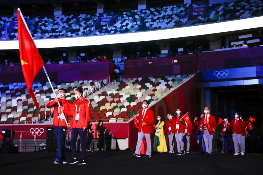 Hình ảnh Đoàn thể thao Việt Nam diễu hành ở lễ khai mạc Olympic Tokyo
