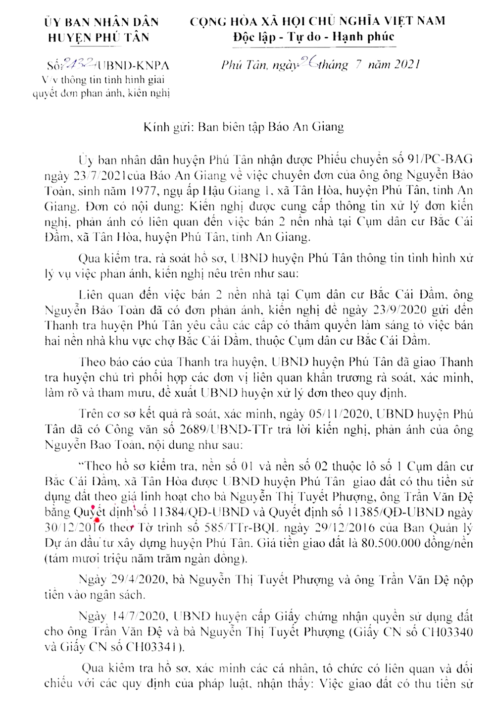 Trả lời khiếu nại của ông Nguyễn Bảo Toàn