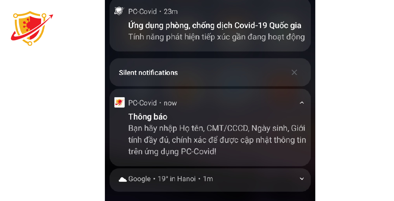 PC-COVID gửi thông báo đến người dùng chưa khai báo y tế để khắc phục hiển thị mũi tiêm