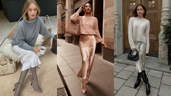 Xu hướng váy midi phối áo len cho mùa thu se lạnh