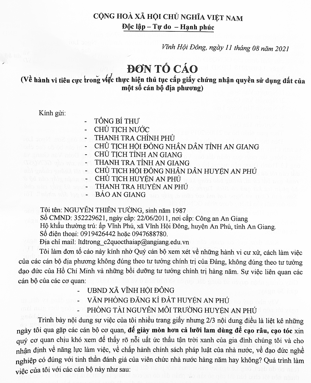 Trả lời phản ánh của ông Nguyễn Thiên Tường