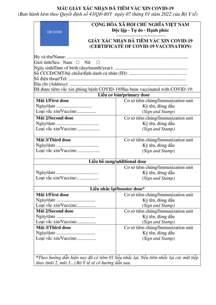 Giấy xác nhận tiêm vaccine COVID-19 mới có chỗ xác nhận cho 7 mũi tiêm