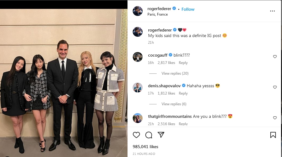 Roger Federer tạo ‘bão like’ với ảnh chụp chung cùng các sao nữ Blackpink
