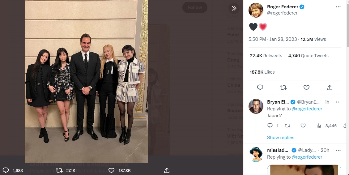Roger Federer tạo ‘bão like’ với ảnh chụp chung cùng các sao nữ Blackpink